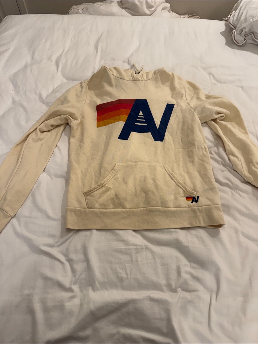 aviator nation Cream Crewneck Sweatshirt with Rainbow Stripe and Blue 'A' Logo